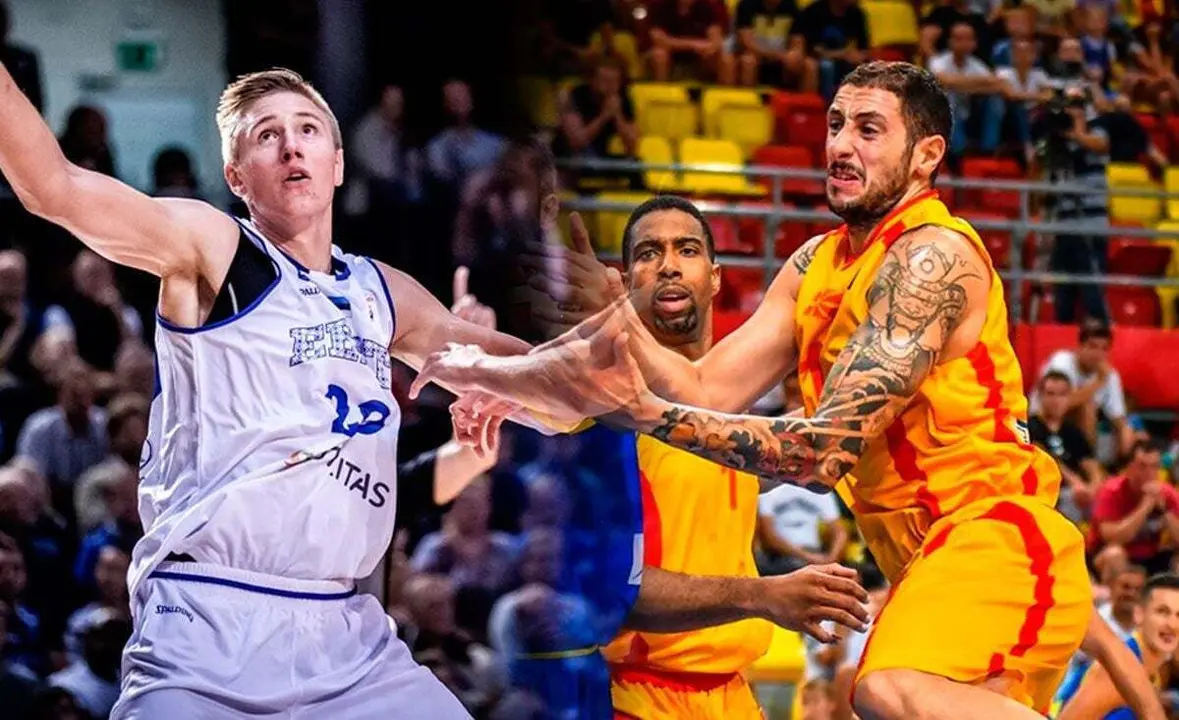 Rauno Nurger y Stojan Gjuroski en acciones ocurridas durante las &uacute;ltimas ventanas FIBA | Foto: FIBA
