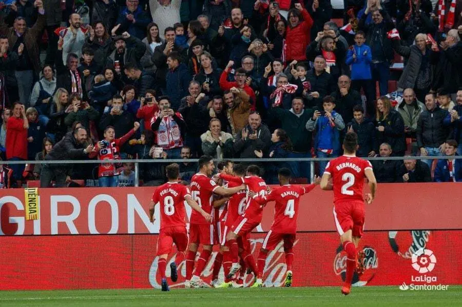 El Girona celebra un gol durante la presente temporada en Montilivi| Foto: LaLiga