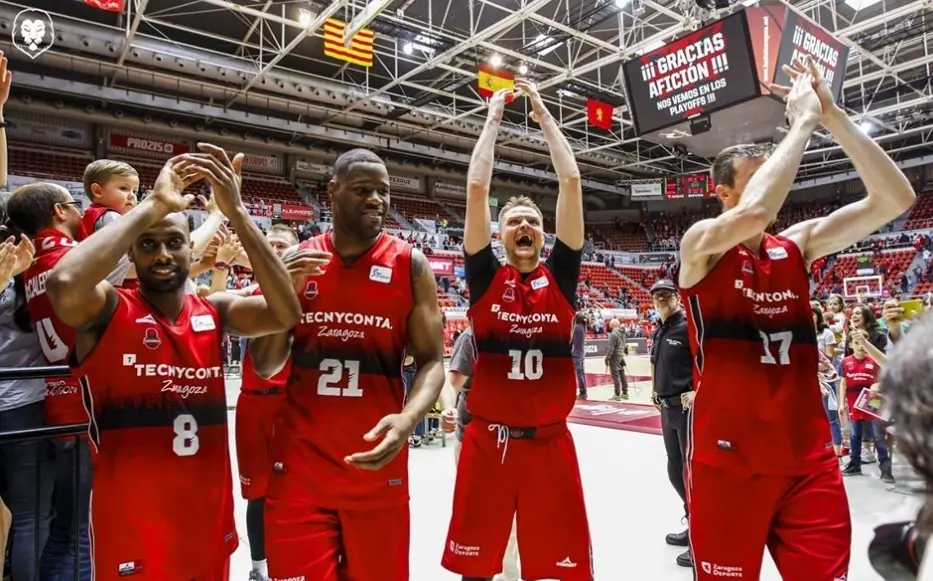Berhanemeskel, Williams, Seibutis y Fran V&aacute;zquez; tras el partido ante Manresa. Foto: Esther Casas/Basket Zaragoza