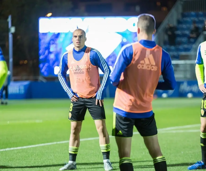 Jorge Pombo, en un calentamiento. Foto: Real Zaragoza