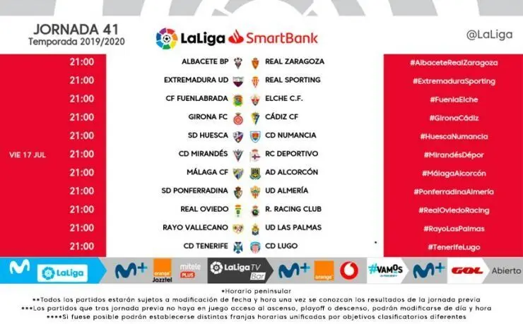 Horarios oficiales de la jornada 41 de LaLiga SmartBank. Foto: LaLiga
