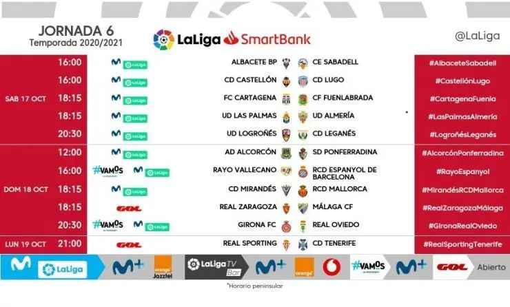 LaLiga hace oficiales los horarios de la jornada 6 de Segunda Divisi&oacute;n. Foto: LaLiga