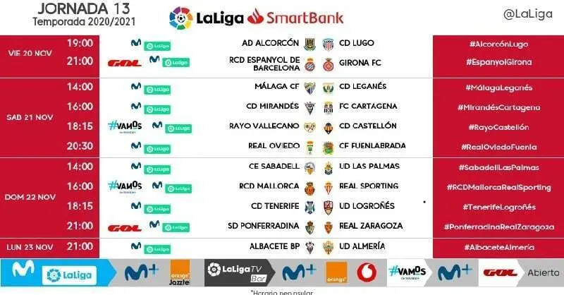 Horarios oficiales de la jornada 13 de Segunda Divisi&oacute;n. Foto: LaLiga