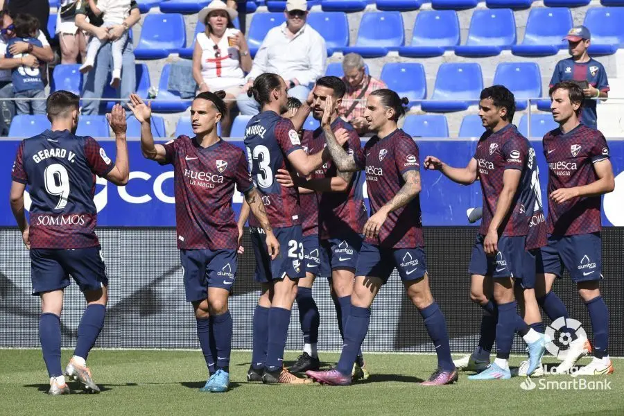 El Huesca celebrando un gol frente al Sporting la pasada temporada | Foto: La Liga