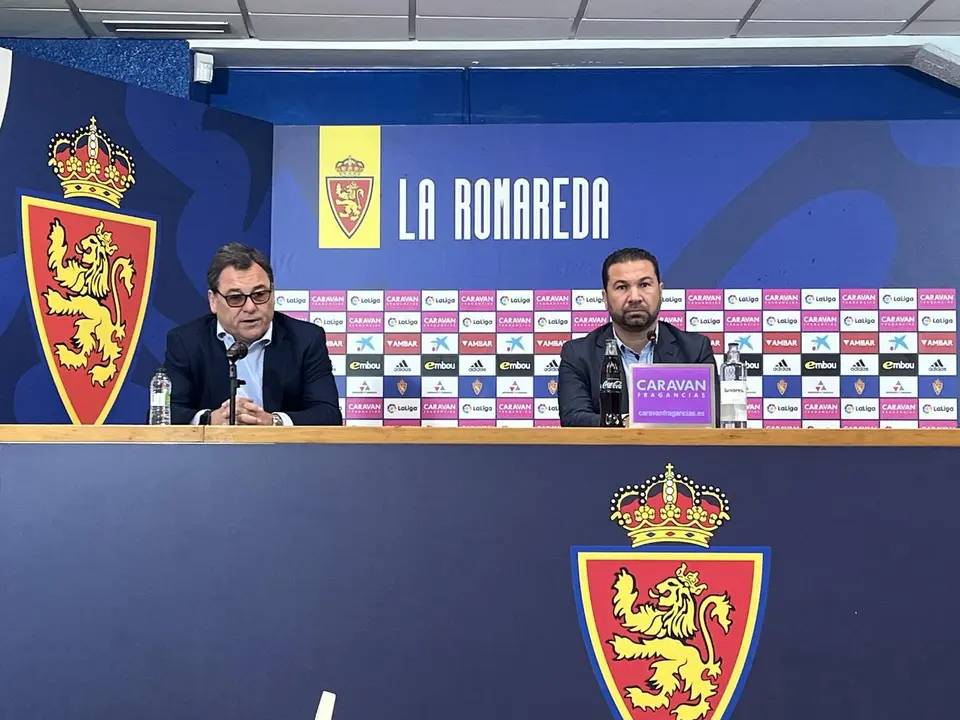 Ra&uacute;l Sanlleh&iacute; y Juan Carlos Cordero en la presentaci&oacute;n del director deportivo | Foto: SportAragon / Sergio Pardos
