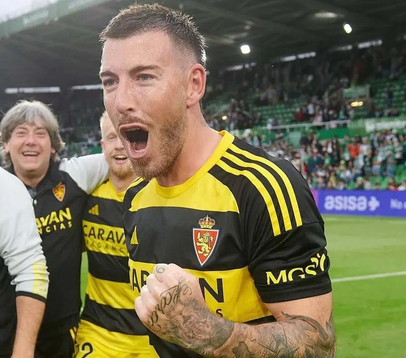 Sergi Enrich celebra su &uacute;ltimo gol con el Real Zaragoza. Foto RRSS