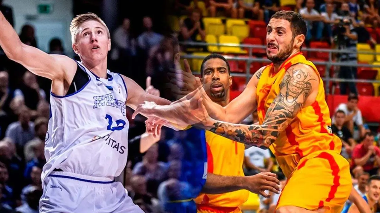 Rauno Nurger y Stojan Gjuroski en acciones ocurridas durante las &uacute;ltimas ventanas FIBA | Foto: FIBA