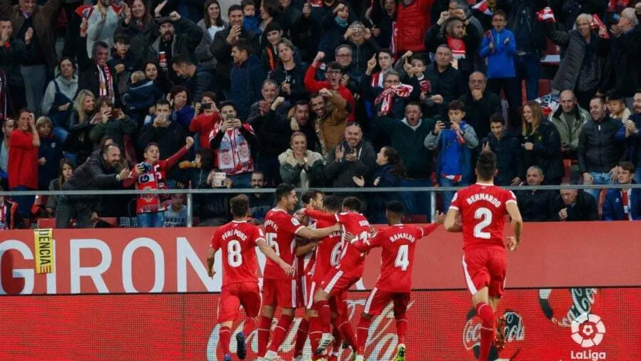 El Girona celebra un gol durante la presente temporada en Montilivi| Foto: LaLiga