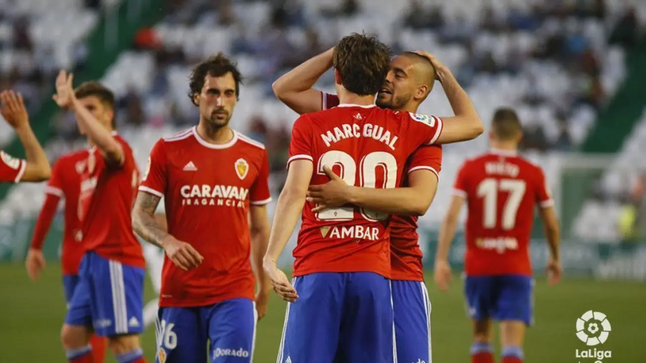 El Real Zaragoza celebra el gol de Marc Gual. Foto: Liga 123
