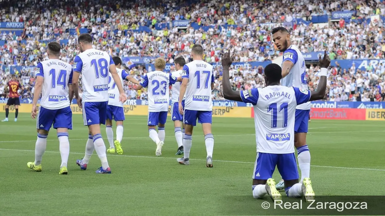 Dwamena celebra su gol ante el Extremadura. Foto: Real Zaragoza
