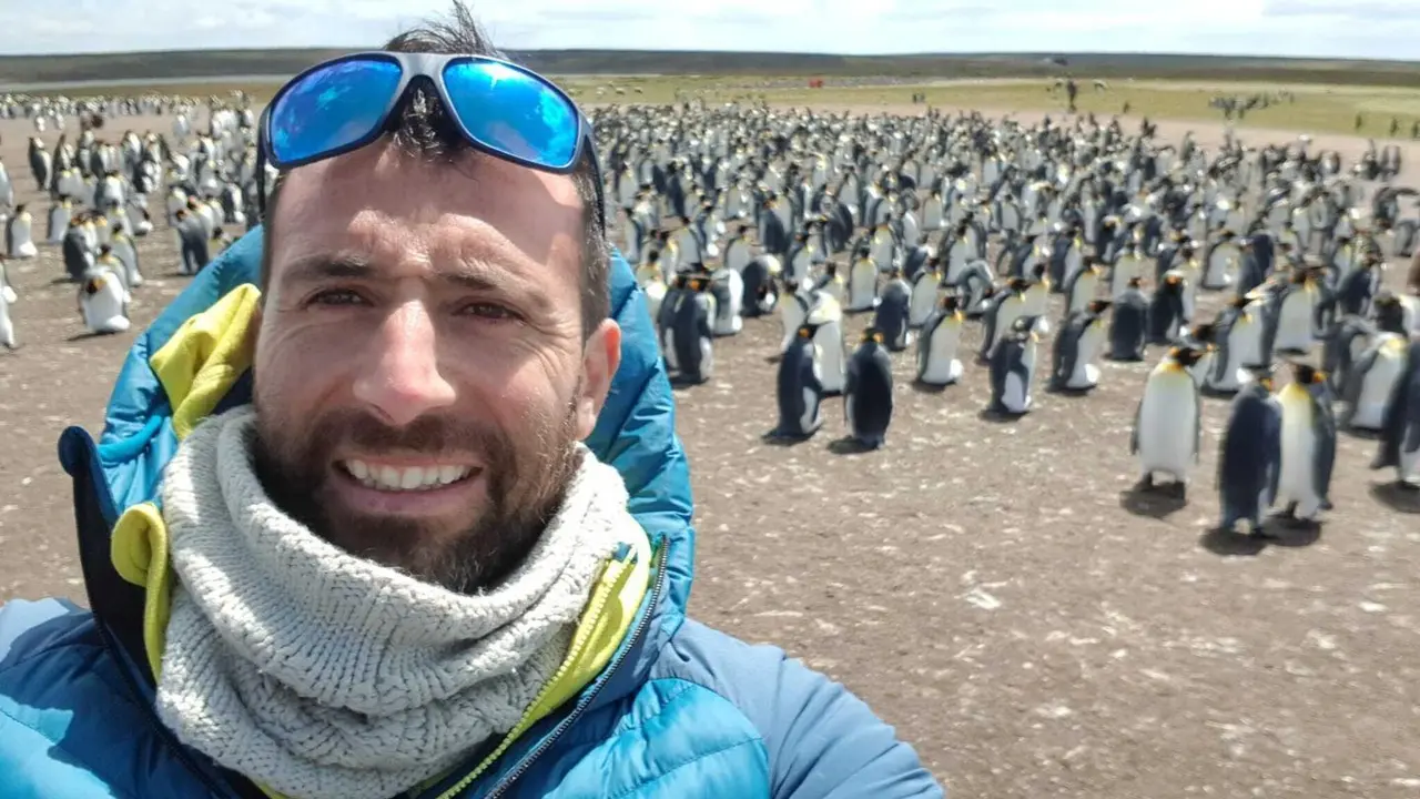 Primer plano de Txik&oacute;n con una colonia de pinguinos a su espalda. Foto: AX