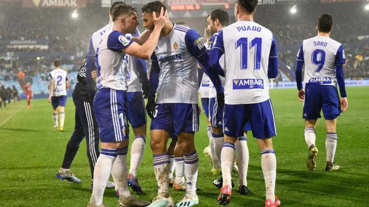 Los jugadores zaragocistas celebran el 1 a 0 ante el CD Numancia. Foto: Real Zaragoza