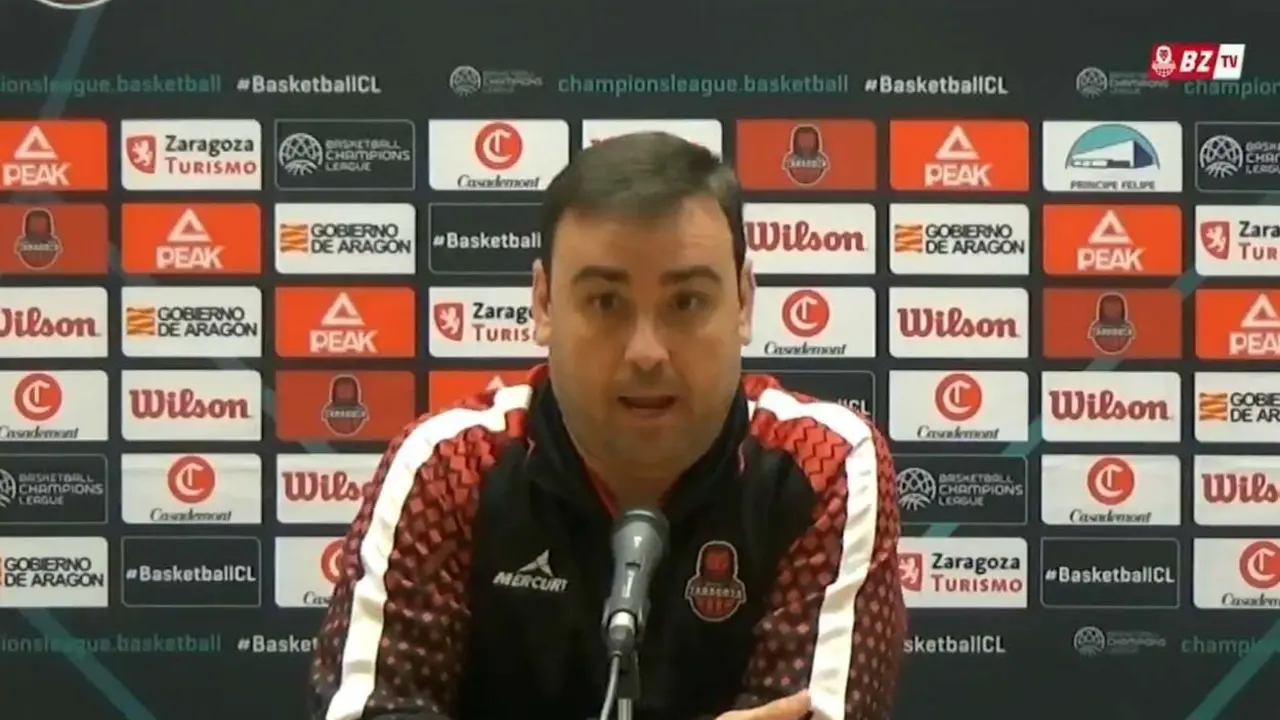 Sergio Lam&uacute;a, este martes en sala de prensa. Fotograma de @BasketZaragoza