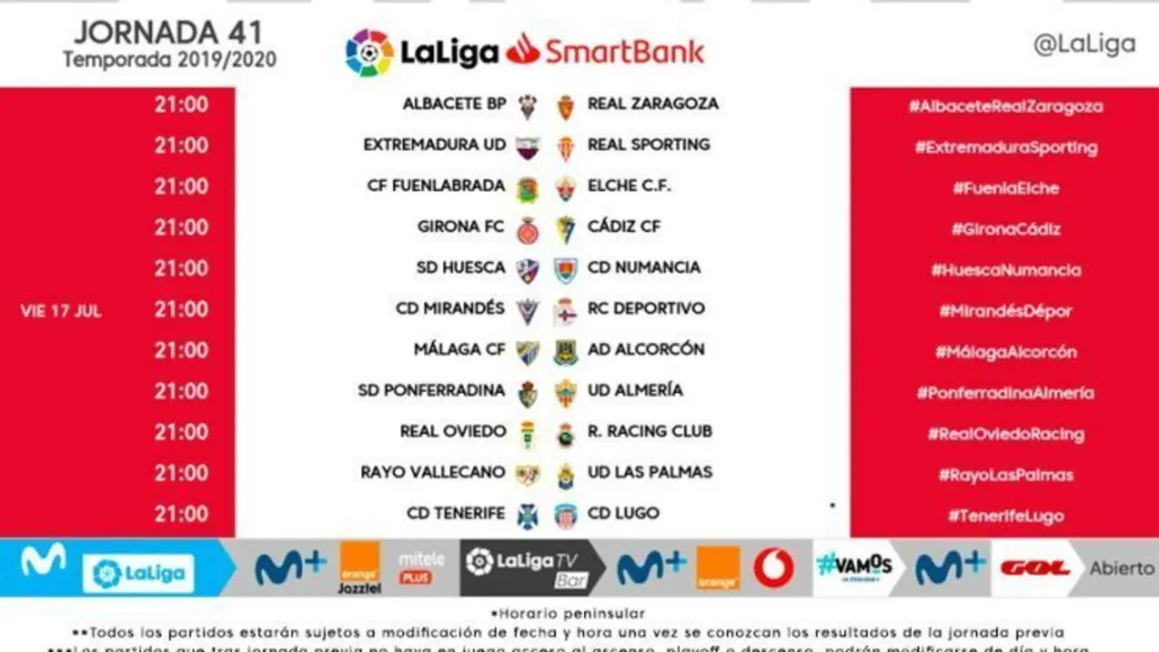 Horarios oficiales de la jornada 41 de LaLiga SmartBank. Foto: LaLiga