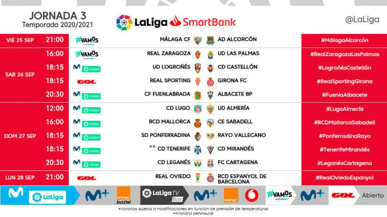 Horarios de LaLiga SmartBank para la jornada 3. Foto: LaLiga
