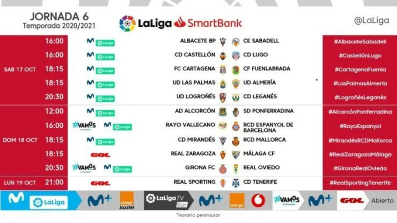 LaLiga hace oficiales los horarios de la jornada 6 de Segunda Divisi&oacute;n. Foto: LaLiga