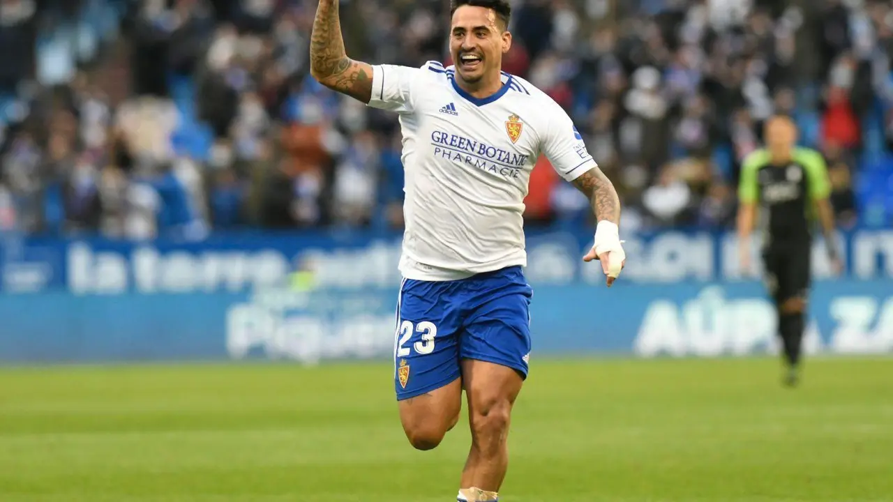 Nano Mesa celebra su segundo gol en La Romareda, el tanto de la sentencia | Foto: Real Zaragoza