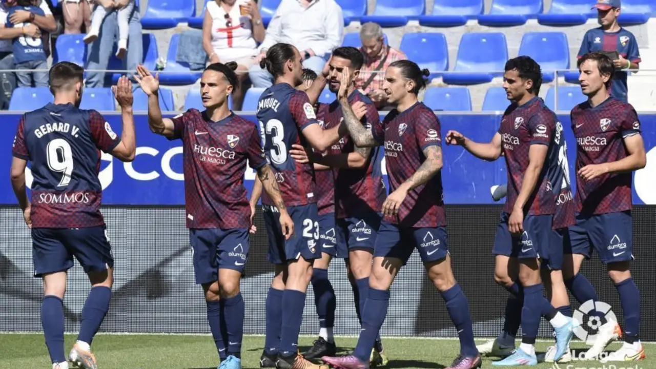 El Huesca celebrando un gol frente al Sporting la pasada temporada | Foto: La Liga