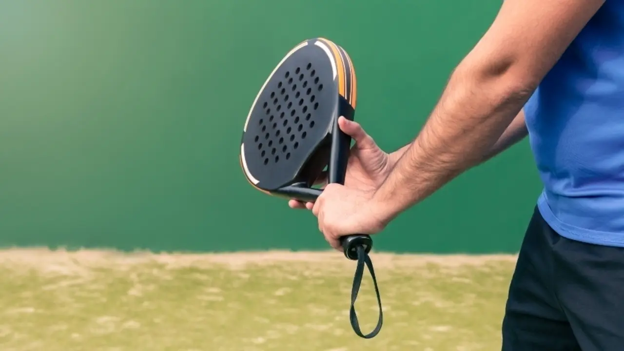 Professional monitor of padel holding a black racket. Class to student on outdoor tennis court. Man paddel player playing a match in the open. Racquet sport game concept.
