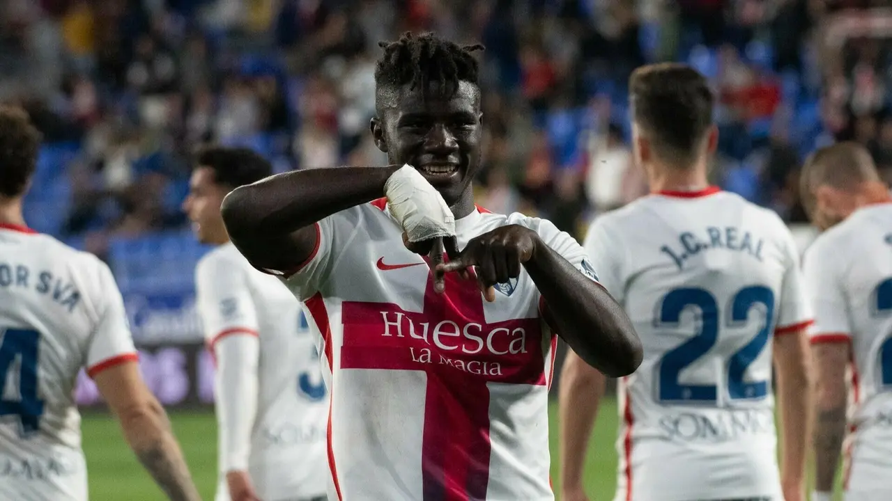 Samuel Obeng, en la imagen, es la principal baza ofensiva del Huesca 2023/24. Foto: SD Huesca.