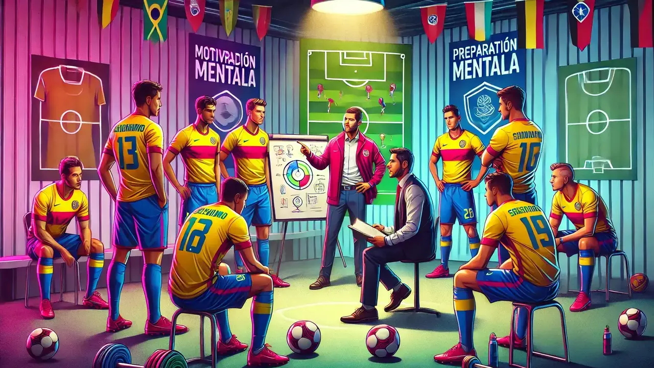 Ilustraci&oacute;n que representa un momento en el vestuario donde un psic&oacute;logo deportivo motiva al equipo, destacando la importancia de la preparaci&oacute;n mental.