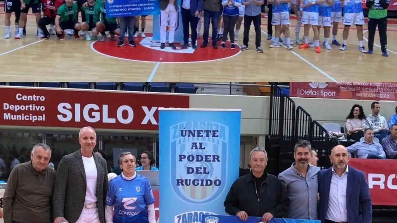 El gerente del Contazara Zaragoza, Sergio Durb&aacute;n, ha hecho entrega de un cheque solidario por valor de 1.090 euros a Antonio Rodr&iacute;guez Cosme, presidente de Atades. Fotograf&iacute;a: Atades.