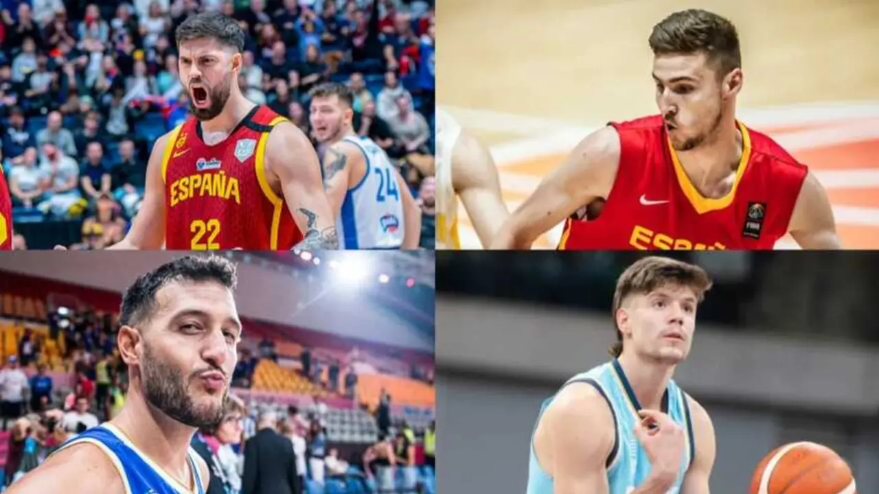 Santi Yusta, Miguel Gonz&aacute;lez, Marco Spissu y Joaqu&iacute;n Rodr&iacute;guez con sus selecciones. Fotograf&iacute;a: FIBA.