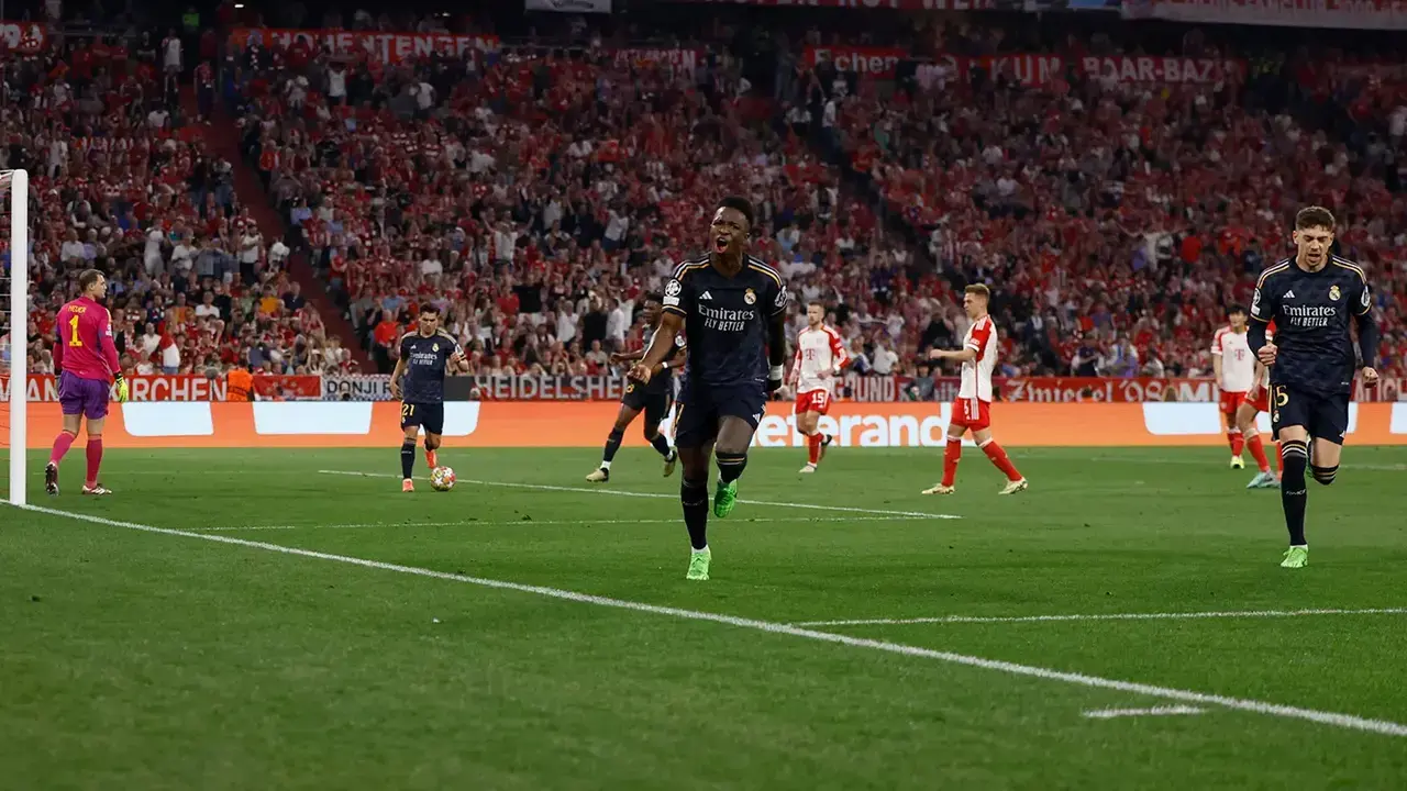 Celebraci&oacute;n de Vinicius durante una de las &uacute;ltimas visitas al Bayern / Real Madrid