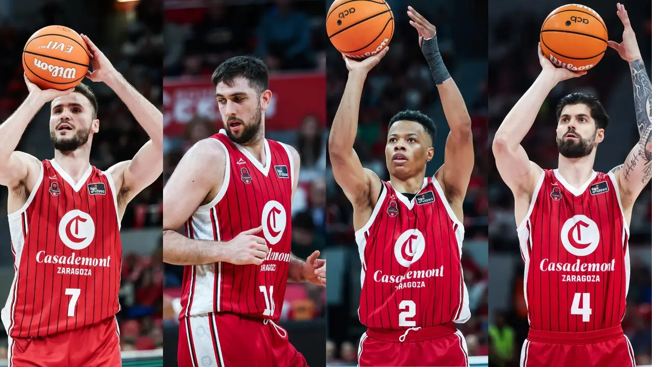 Miguel Gonz&aacute;lez, Jaime Fern&aacute;ndez, Trae Bell-Haynes y Santi Yusta, los cuatro jugadores con contrato con el Casademont Zaragoza. Fotograf&iacute;as de Esther Casas / Casademont Zaragoza.