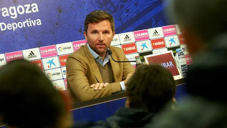 Lalo Arantegui en la sala de prensa de La Romareda / Real Zaragoza