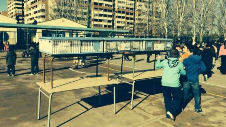 Espectáculo realizado en el colegio Hermanos Marx de Zaragoza, ubicado en el Actur, durante el Día de la Paz. Fotografía: Cestas preparadas para la competición. Fotografía: Federación Aragonesa de Colombofilia.