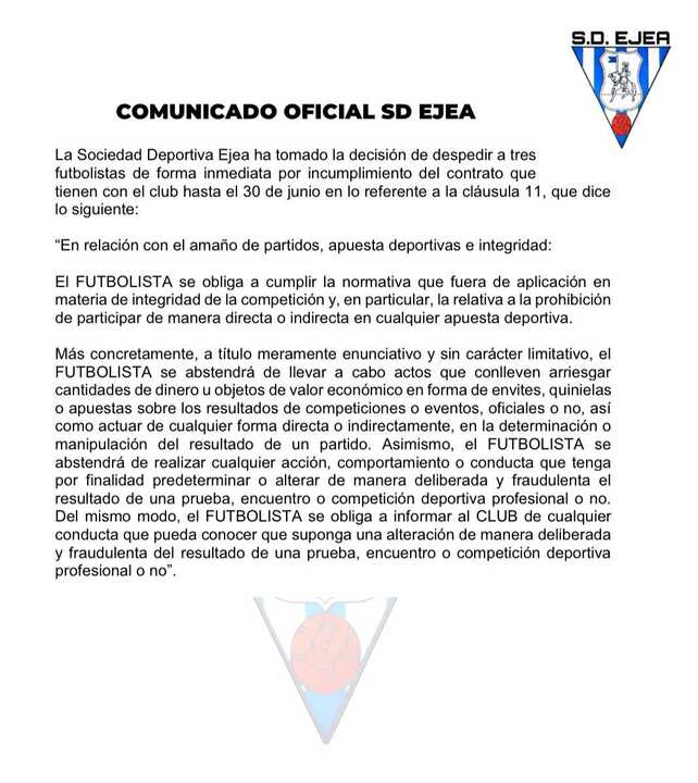 Comunicado de la SD Ejea. Fotografía: SD Ejea.