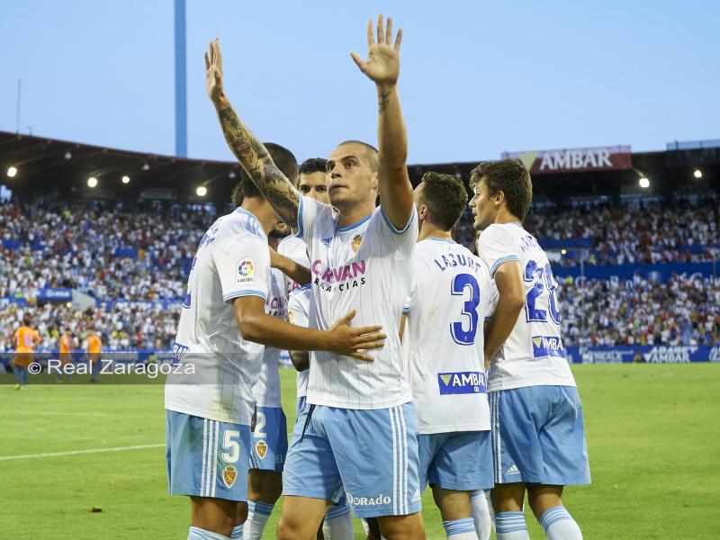 Pombo celebra el gol del 1 a 0. Foto: Tino Gil, Real Zaragoza