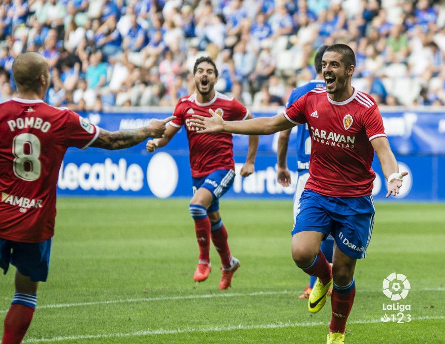 Los jugadores del Real Zaragoza celebran el gol de Verdasca. | Foto: La Liga