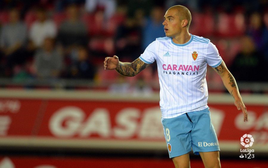 Pombo, con la camiseta del Real Zaragoza en Soria | Foto: LFP