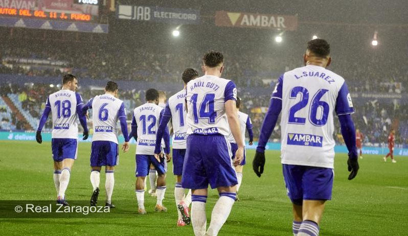 Los jugadores zaragocistas tras celebrar el gol de Puado ante el Numacia. Foto: Real Zaragoza