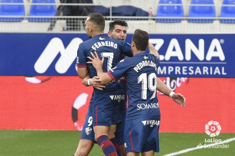 Celebración de un gol de la SD Huesca ante la SD Eibar. Foto: La Liga.